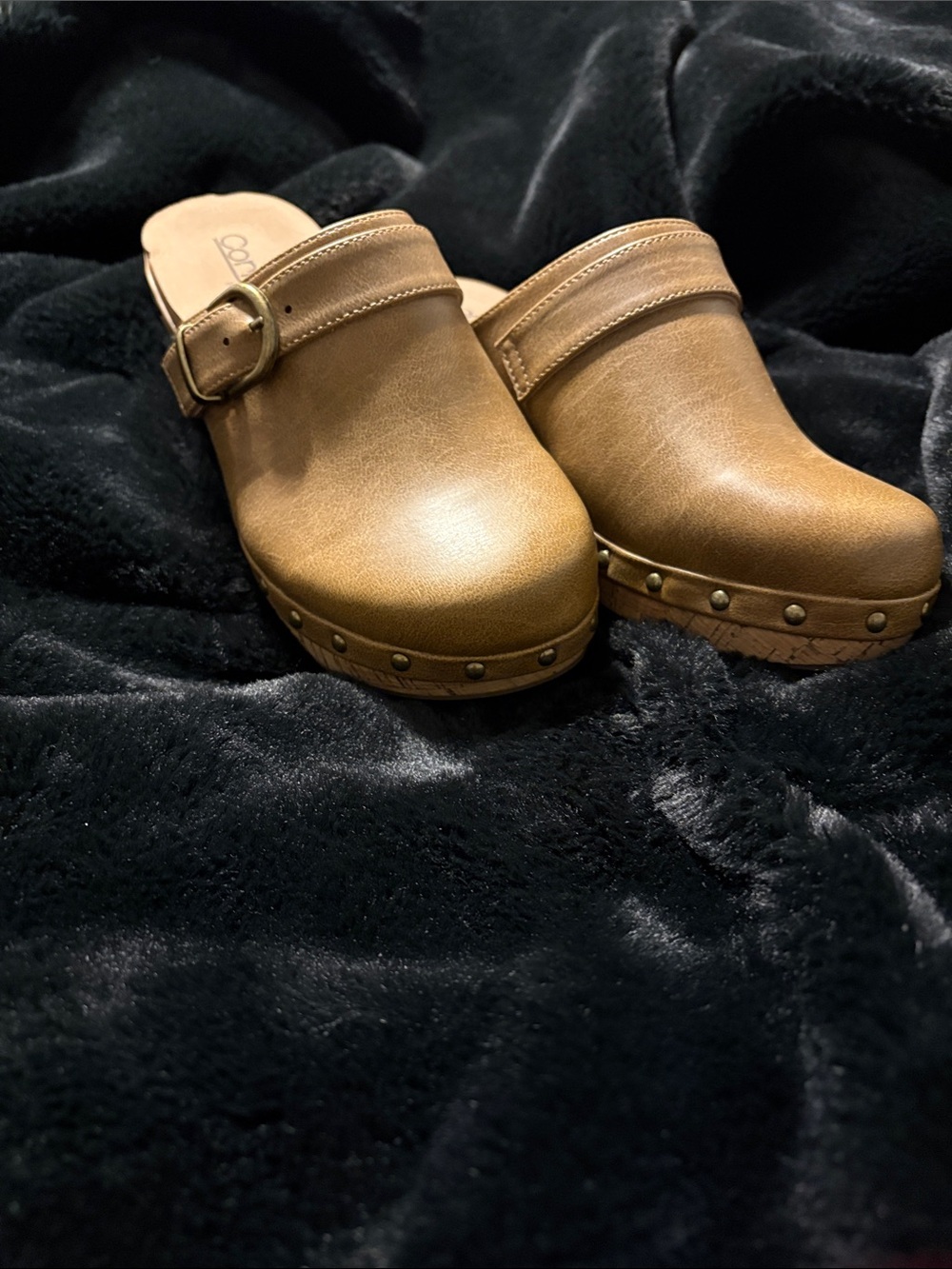 Corkys Brown Leather Studded Buckle Clog Mules